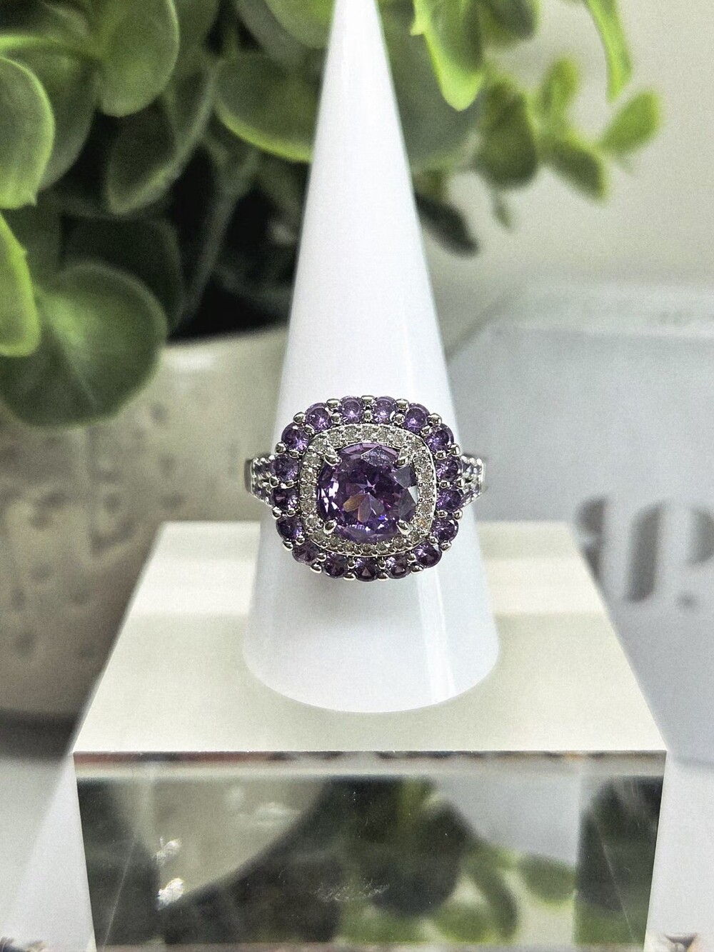 BP Amethyst CZ Halo Ring On Rhodium - "Statement Pop"